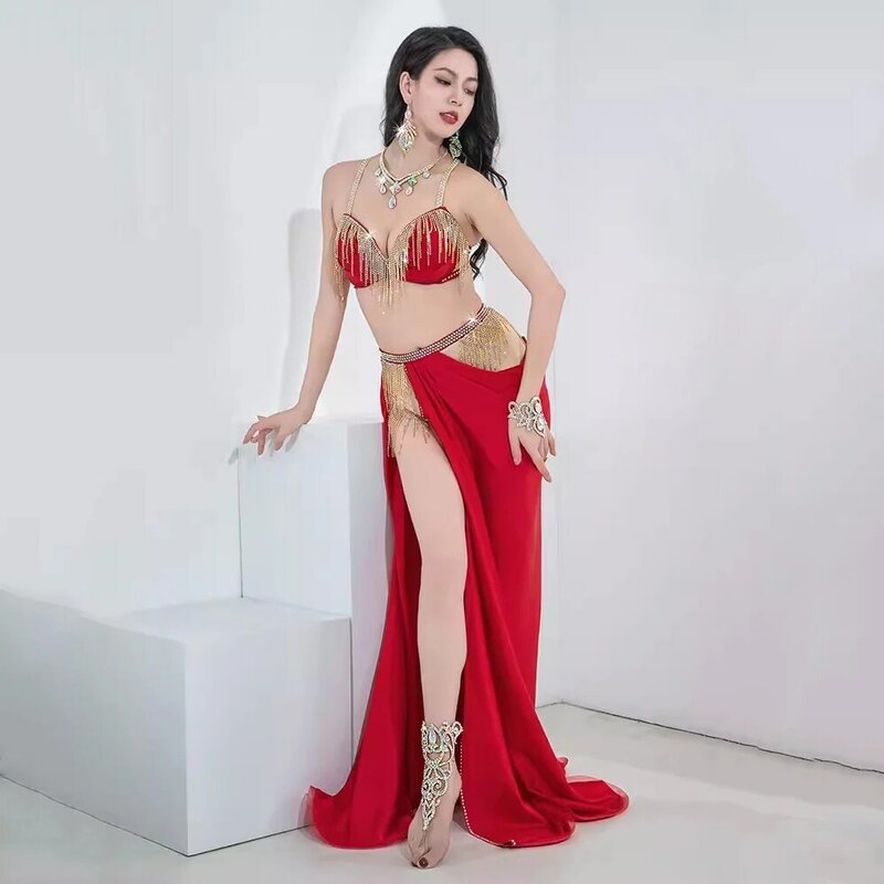 Top Grade Women Egyptian Belly Dance Rhinestone Sparkle Bra Satin Skirt Oriental Dance Outfit Girls Group Competition Costume
