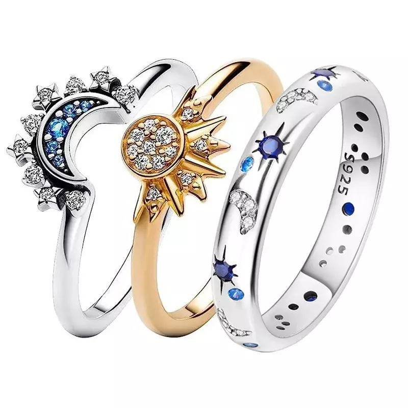 2023 New Celestial Blue Sparkling Moon Sun Star Crystal Ring for Women Fashion Elegant Stackable Finger Band Party Jewelry Gifts