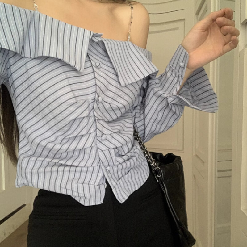 Женская Полосатая Рубашка с открытыми плечами, офисные повседневные весенние шикарные Блузы на пуговицах с воротником-лодочкой в Корейском стиле, уличная одежда с длинным рукавом