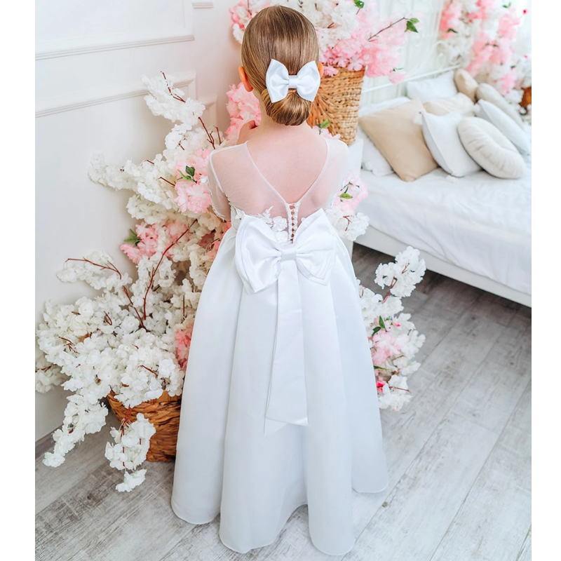 Flower Girl White Satin Vestidos com Laço, Manga Comprida, Apliques, Vestidos De Princesa, Casamento, Festa De Aniversário, Banquete