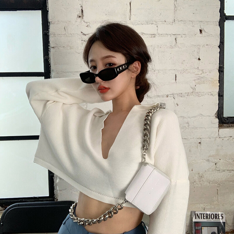 Tops sexys de estilo coreano para mujer, Camiseta de punto de manga larga con cuello en V holgada de Color puro, ropa para mujer 2023