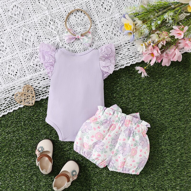 2024-04-24 Lioraitiin Baby Girl Summer Clothes Letter Print Ribbed Romper and Floral/Fruit Print Shorts Headband Set Outfits