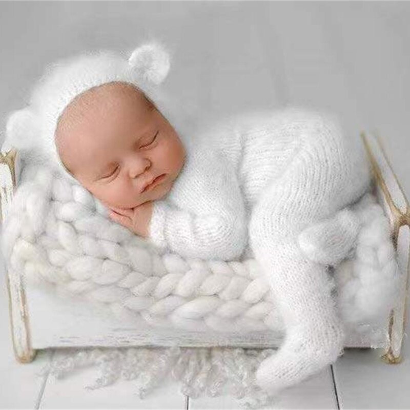 Lovely Newborn Photography Props Boys Girls Outfits Mohair Bear Hat Bonnet & Footed Romper Bodysuit Photoshoot Costume