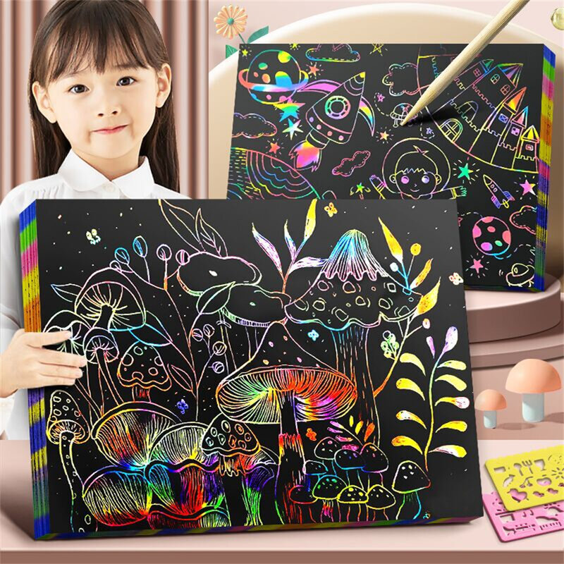 어린이용 다채로운 DIY 스크래칭 북 아트, 흰색 골판지, 재미있는 창의적인 그래피티, 스크래치 페인팅, 10 개