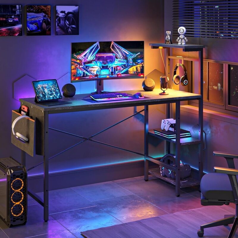 Mesas Computador com Luzes LED, Prateleiras Reversíveis, Mesa Gamer, Saco De Armazenamento Lateral, 4 Tiers, 51,3"