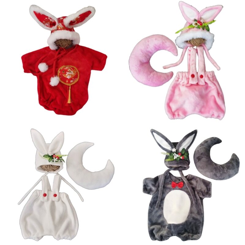 1 zestaw noworodka fotografia rekwizyty ubrania Cute Bunny czapka zakrywająca uszy + Baby Romper + pozowanie księżyc poduszka dla dziecka Studio Photo Cosplay kostiumy