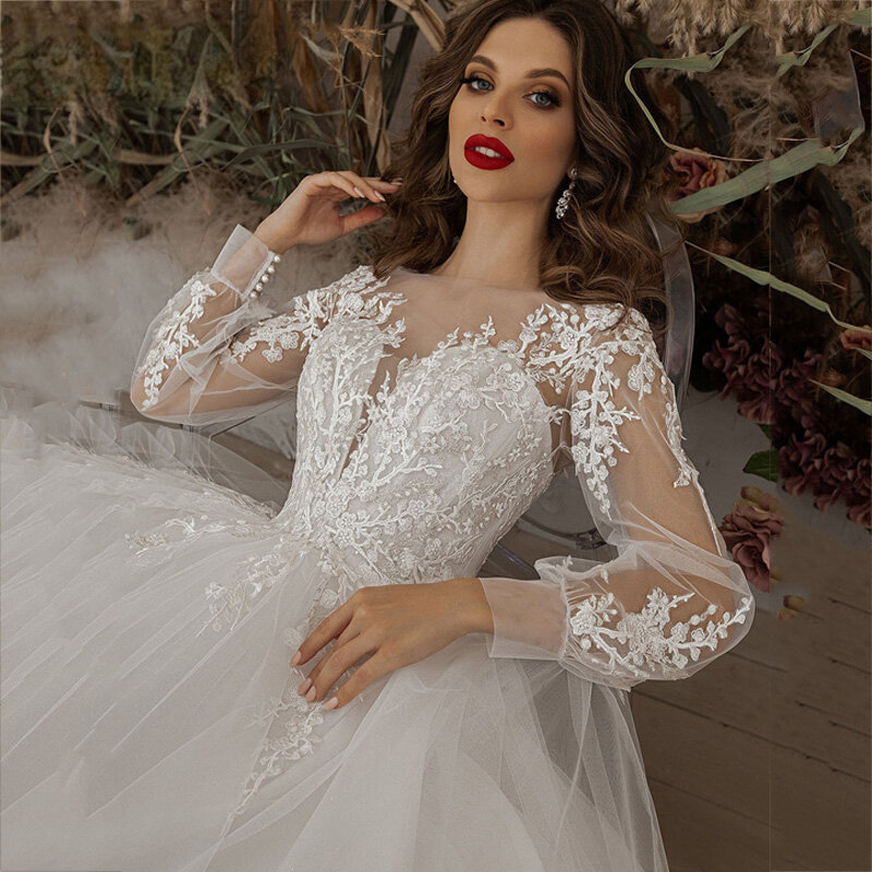 Squisiti abiti da sposa avorio manica lunga Appliques pizzo 3D fiori moderno Tulle Boho abito da sposa 2023 vestidos de novia Beach