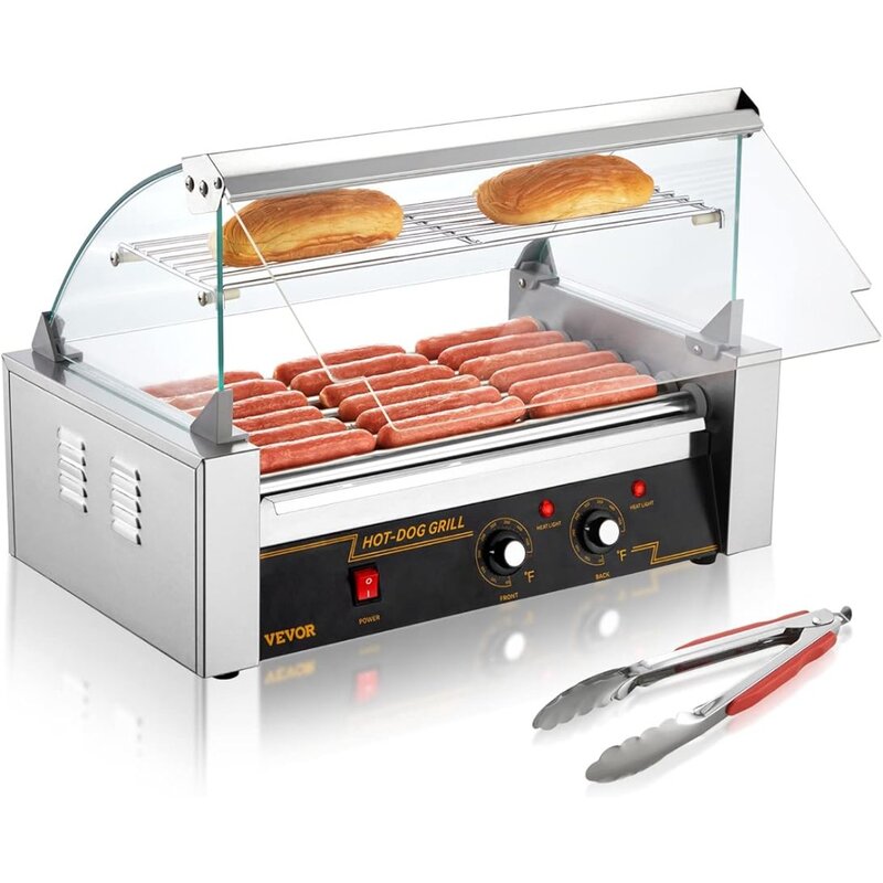Hot Dog Roller 7 Rollers 18 Hot Dogs Capacity 1050W Stainless Sausage Grill Cooker Machine with Dual Temp Control Glass Hood