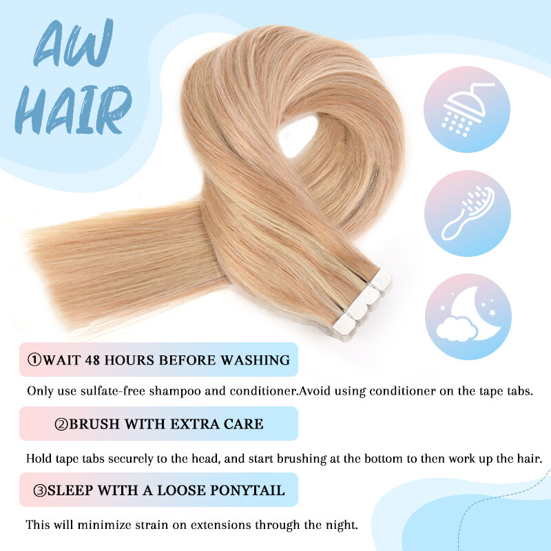 Мини-лента AW для наращивания волос, человеческие волосы, не Реми, натуральная мягкая кожа, уток, клейкие волосы, 12-24 дюйма, прямая бесшовная лента