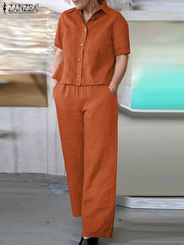 ZANZEA-Conjunto de camisa de manga corta con cuello de solapa para mujer, chándal informal holgado, pantalones de trabajo, trajes de 2 piezas