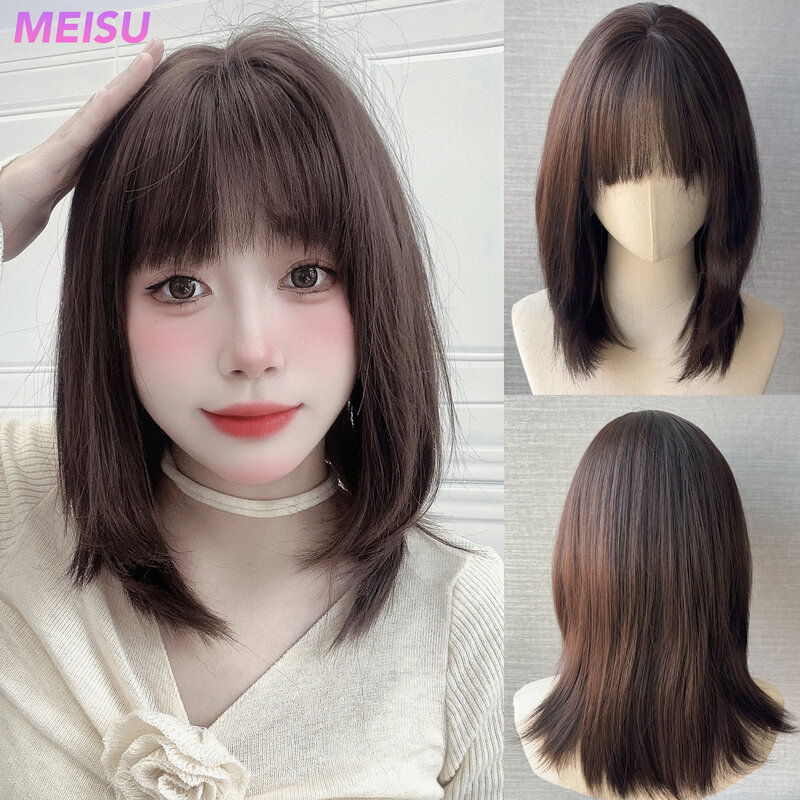 MEISU Brown Curly Wave Wigs Air Bangs 24 Inch  Fiber Synthetic Heat-resistant Deep Wave Hair Sweet And Natural Party or Selfie