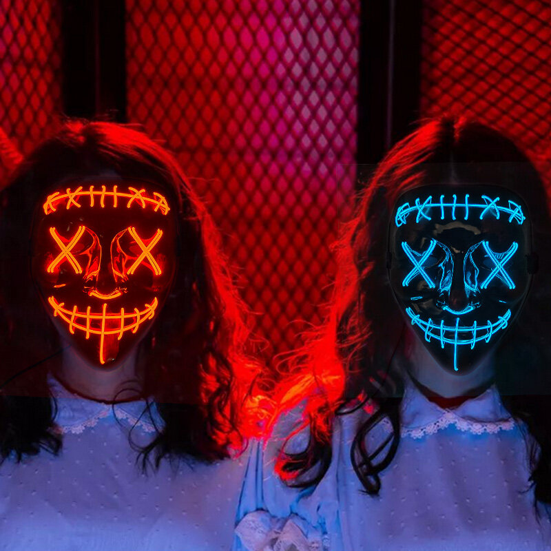 Máscara de Halloween Neon LED Purge, Máscaras de Festa de Carnaval, Luz Luminosa no Escuro, Fantasia Engraçada Cosplay, Presentes para Crianças, Brinquedos