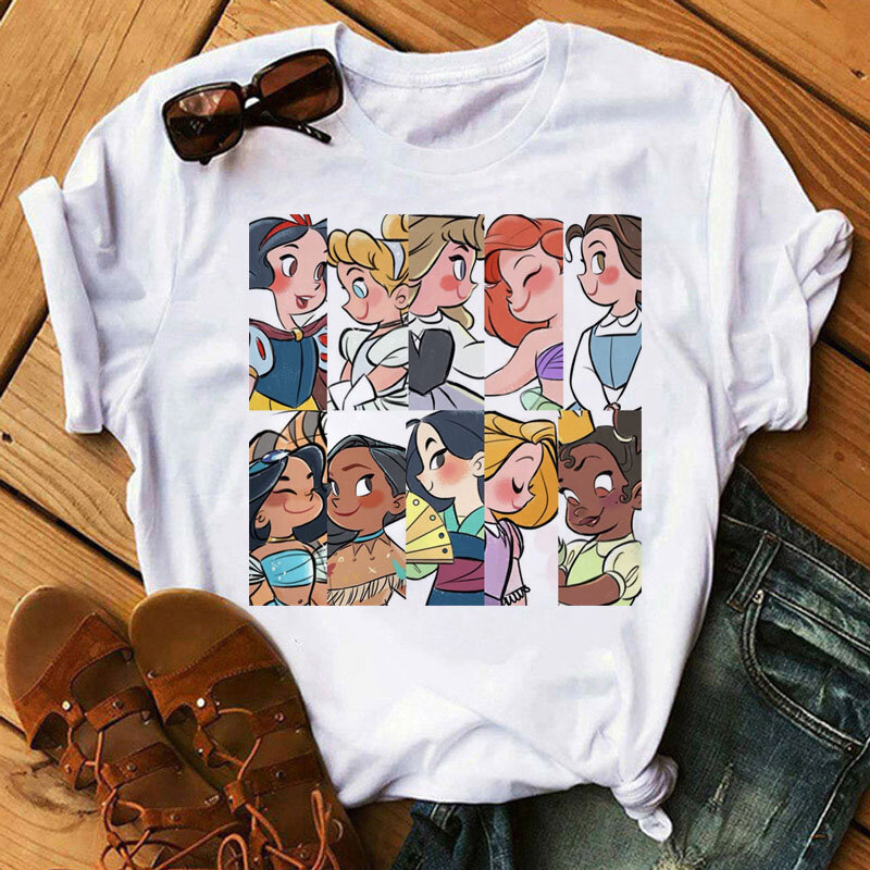 Urocza koszulka Disney Princess z grafiką Cartoon damska koszulka Kawaii ubrania krótki rękaw koszule z nadrukiem T-Shirt Harajuku Y2k ubrania