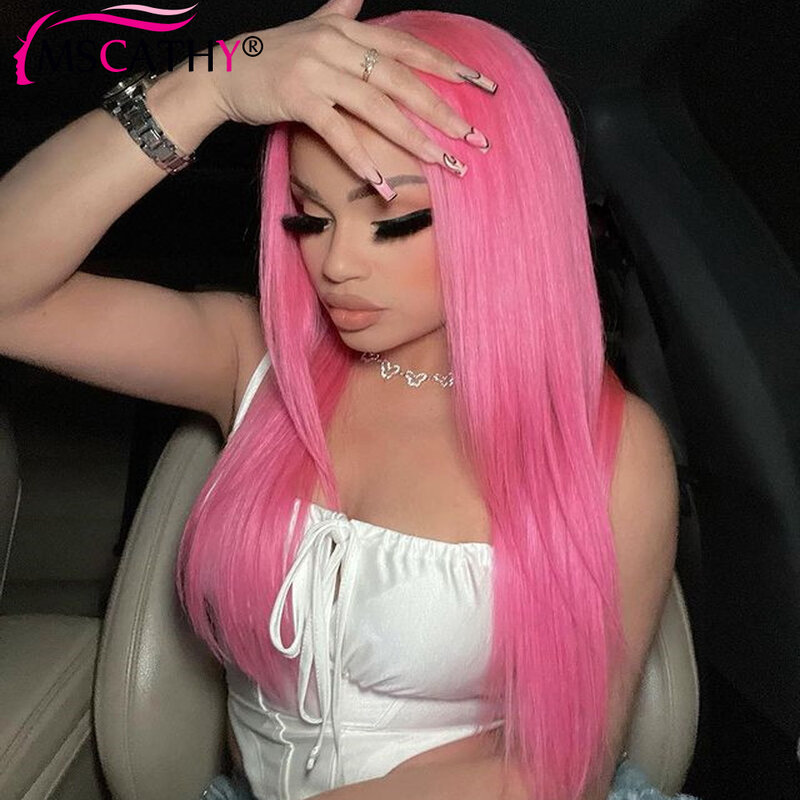 Peruca dianteira do laço transparente HD para mulheres, cor-de-rosa, linha fina pré-arrancada, cabelo humano virgem brasileiro, peruca reta sedosa, 13x4
