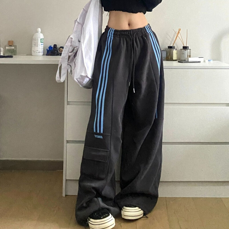 American Retro Lazy Style Wide Leg Pants Women Solid Stripes Elastic High Waist Drawstring Loose Casual Straight Sports Trousers