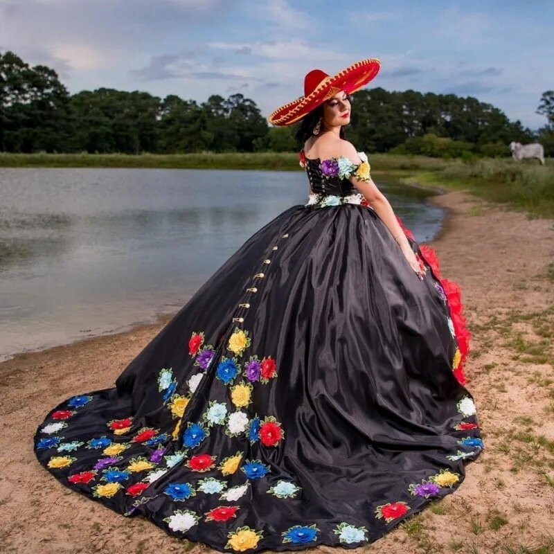 Black Princess Quinceanera Dresses Ball Gown Off The Shoulder Ruffles Appliques Sweet 16 Dresses 15 Años Mexican