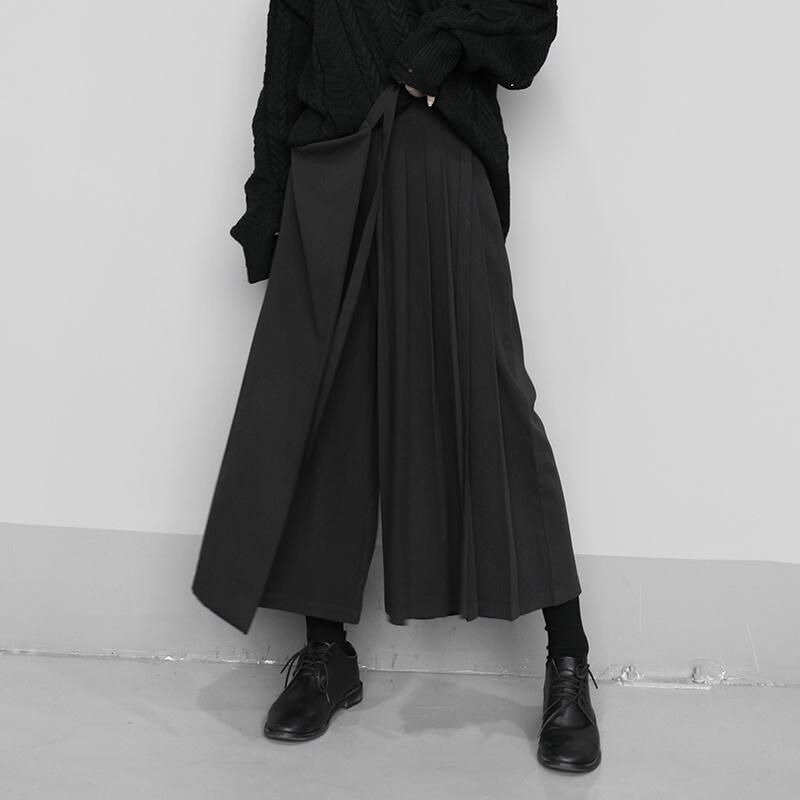 Deeptown Gothic Geplooide Zwarte Rok Broek Vrouwen Vintage Baggy Harajuku Patchwork Broek Japanse Y 2K Streetwear Wijde Pijpen Stijl
