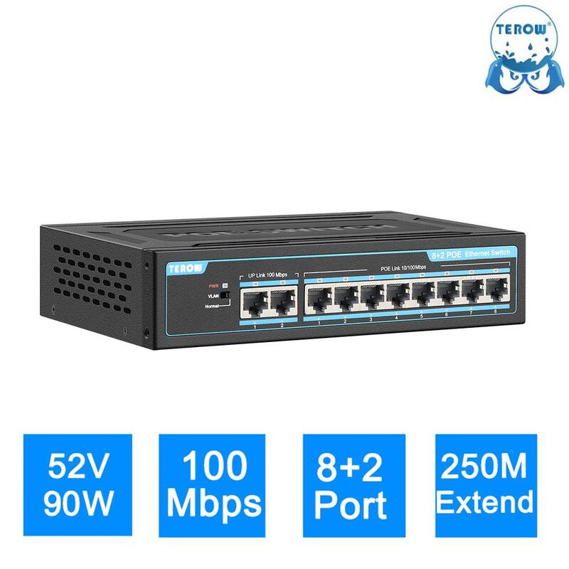 TEROW-conmutador inteligente Ethernet para cámara IP, conmutador de 10 puertos, 100Mbps, 8 POE + 2 UpLink con alimentación interna, concentrador de red doméstica para oficina