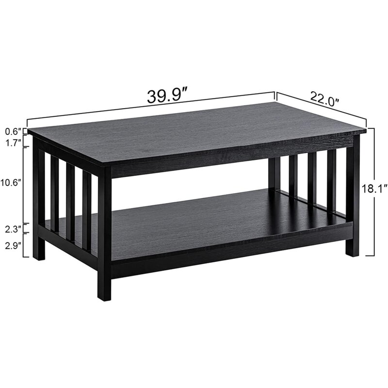 US Mission Coffee Table, Black Wood Living Room Table with Shelf, 40 Black