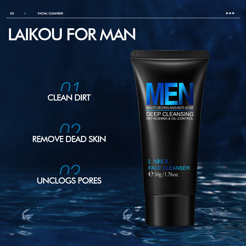 Laikou-limpador de rosto masculino, limpeza profunda, refrescante, controle de óleo, remover a pele morta, hidratante, 50g