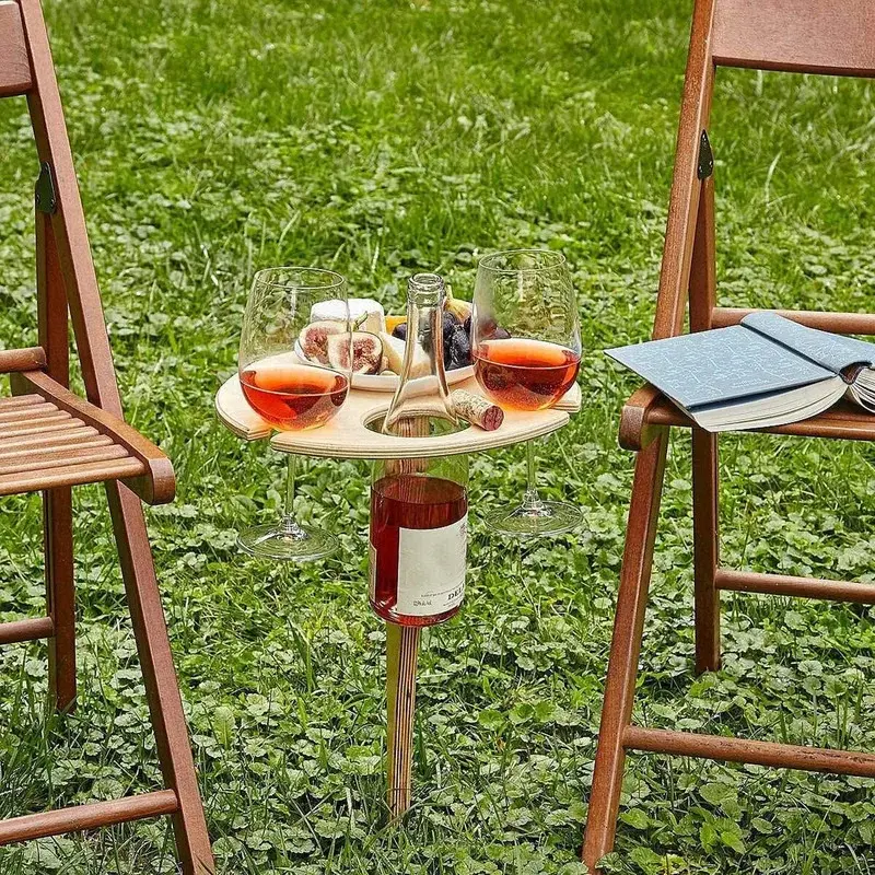 Pemegang kaca anggur piknik portabel luar ruangan, berkemah dan makan bingkai kayu dapat dilepas meja lipat pertambangan