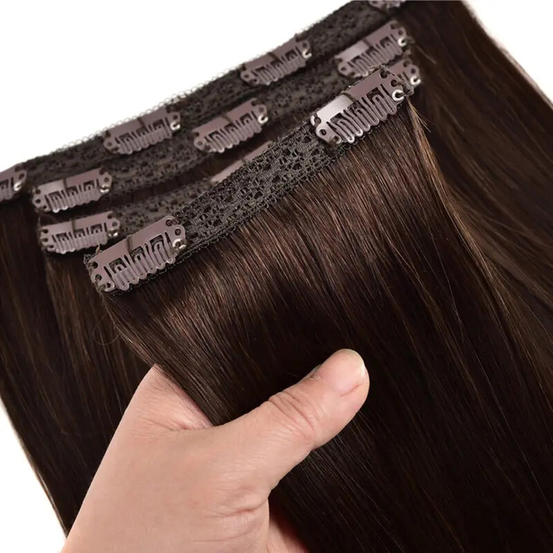 Klip sisi renda lurus dalam ekstensi rambut manusia rambut Remy nyata warna coklat tua rambut Bralizian Balayage kepala penuh 7 buah