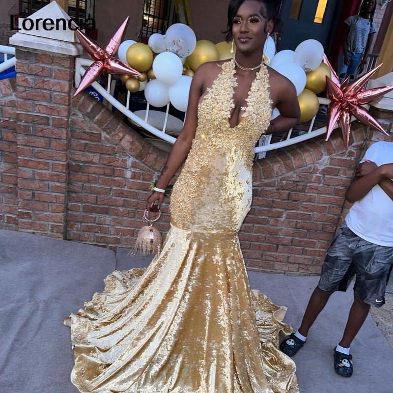 Gaun pesta Prom berlian imitasi beludru emas lorensia Ratu Slay untuk gaun pesta bermanik Kristal renda gadis hitam Vestidos De Festa YPD124