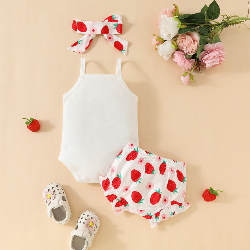 Baby Girl Summer Clothes Strawberry Print Sleeveless Romper and Elastic Shorts Headband Set 3 Piece Outfits