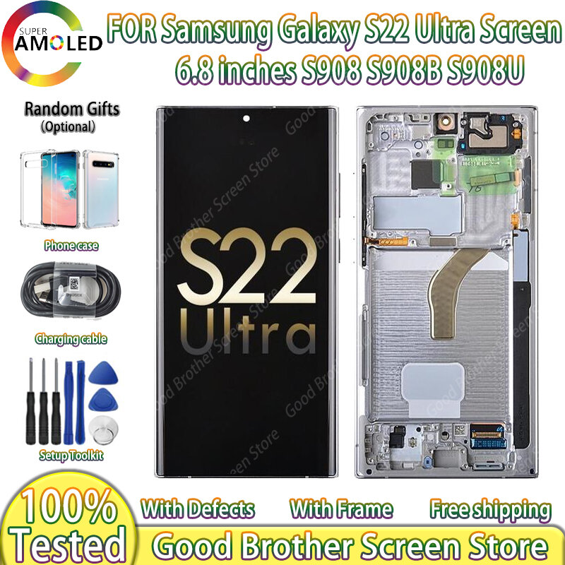 6,8 ''AMOLED фронтальный дисплей для Samsung Galaxy S22 Ultra 5G LCD с рамкой сенсорный экран дигитайзер S908 S908B S908U Замена