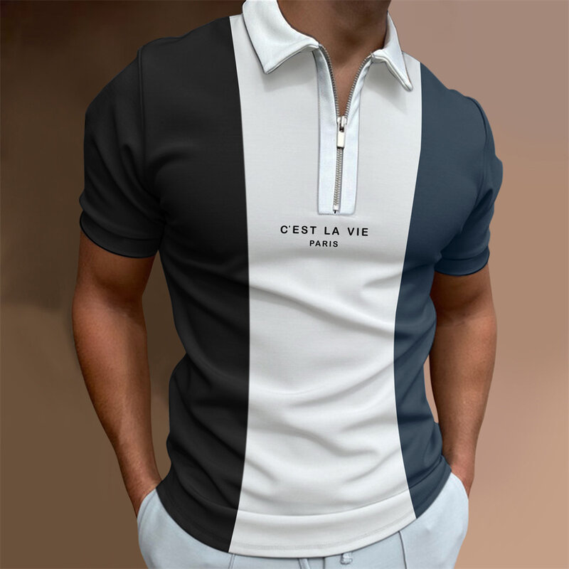 Мужская Повседневная рубашка-поло, рубашка в полоску с короткими рукавами, отложным воротником и надписью, на молнии, лето 2023