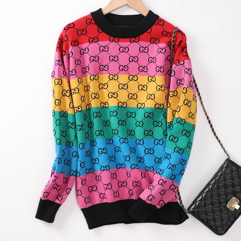 Suéter de malha de mangas compridas feminino, gola redonda, arco-íris, solto, redução de idade, moda casual, novo, 2024