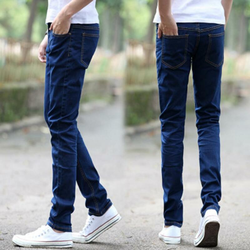 Proste spodnie dżinsowe Skin-Touch Mid-rise 3D Cutting Men Slim Fit Denim Long Trousers Men Jeans Dressing Up