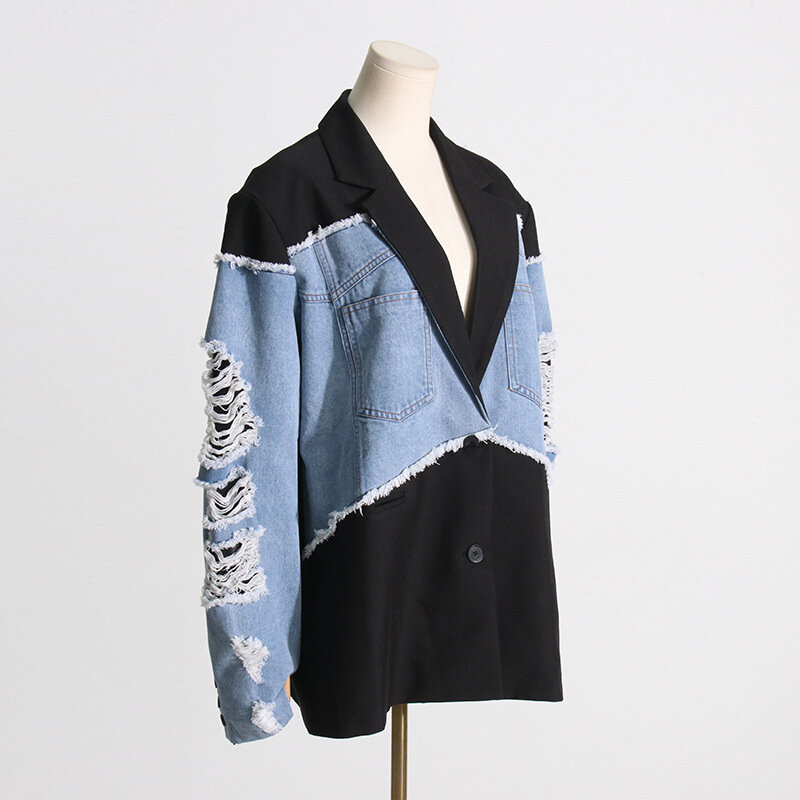 Patchworkowy dwukolorowy płaszcz Deinm w kratkę Tweed Trendy na sprzedaż hurtową 2024 Butikowy styl Damska kurtka z długim rękawem