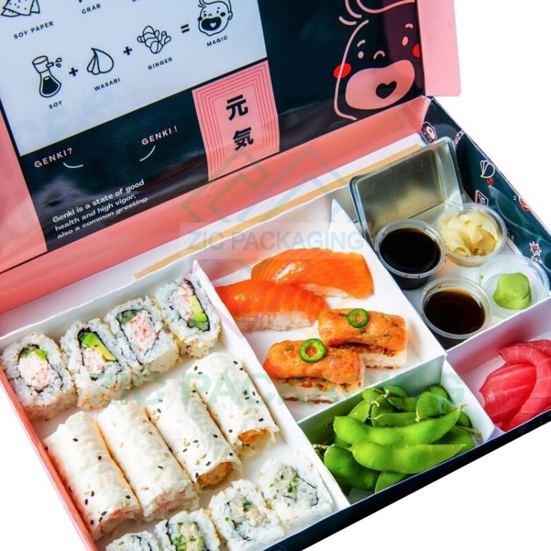 Fiambrera para llevar Sushi, producto personalizado, caja para llevar Sushi japonés con divisor, papel Biodegradable de grado alimenticio, dispositivo personalizado
