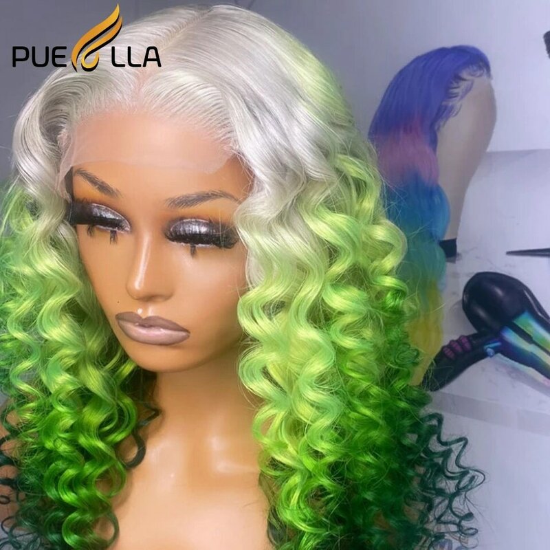 Peruca de cabelo humano de onda profunda para mulheres negras, sem cola, verde ombre, longo encaracolado, laço frontal, 13x4, 13x6
