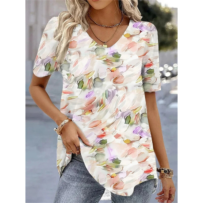 New Women's T-Shirt Summer V-Neck Tee Loose Casual Top Stripes Funny Printed Female Clothing Streetwear Women Pullover T Shirts