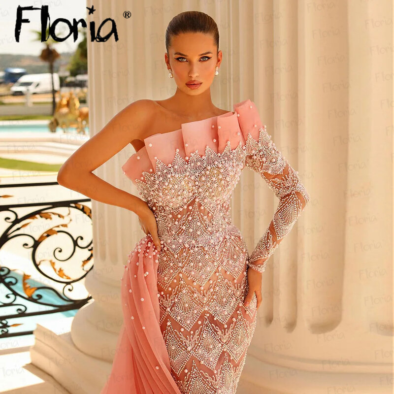 Floria-Vestidos de noite frisados com pérolas femininas, robe de festa sexy elegante, vestido de baile formal personalizado, robes para jantar, 2024