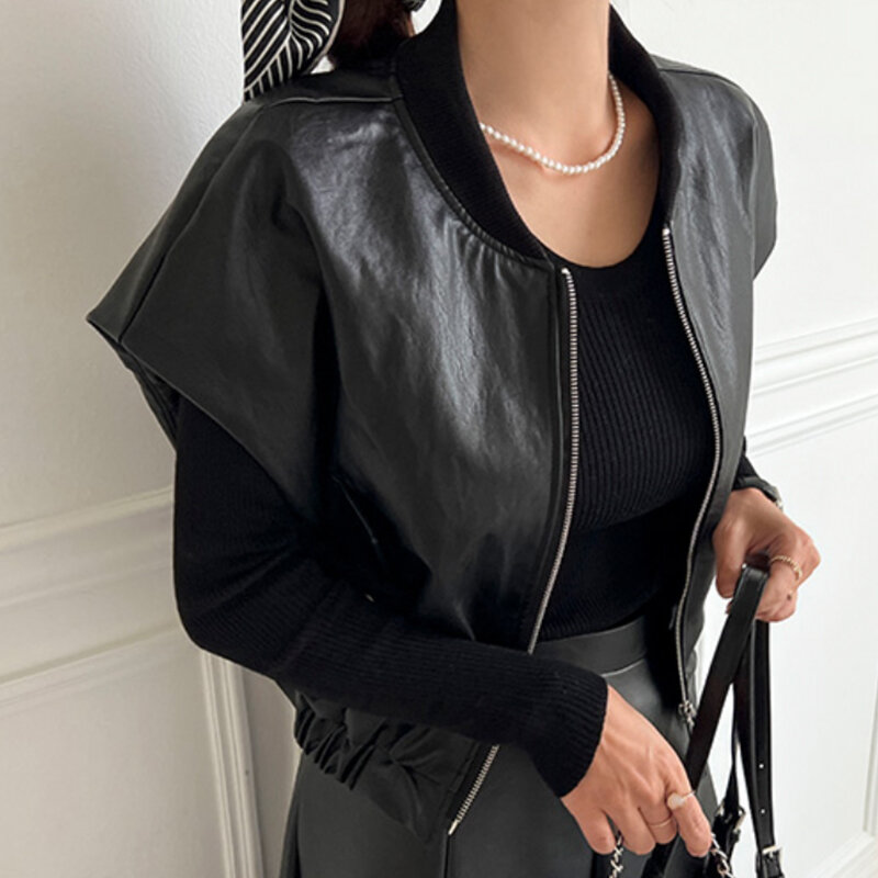 GetSpring 여성용 레트로 지퍼 민소매 블랙 PU 조끼, 올 매치 루즈 캐주얼 짧은 가죽 재킷, 단색 패션, 2024 가을