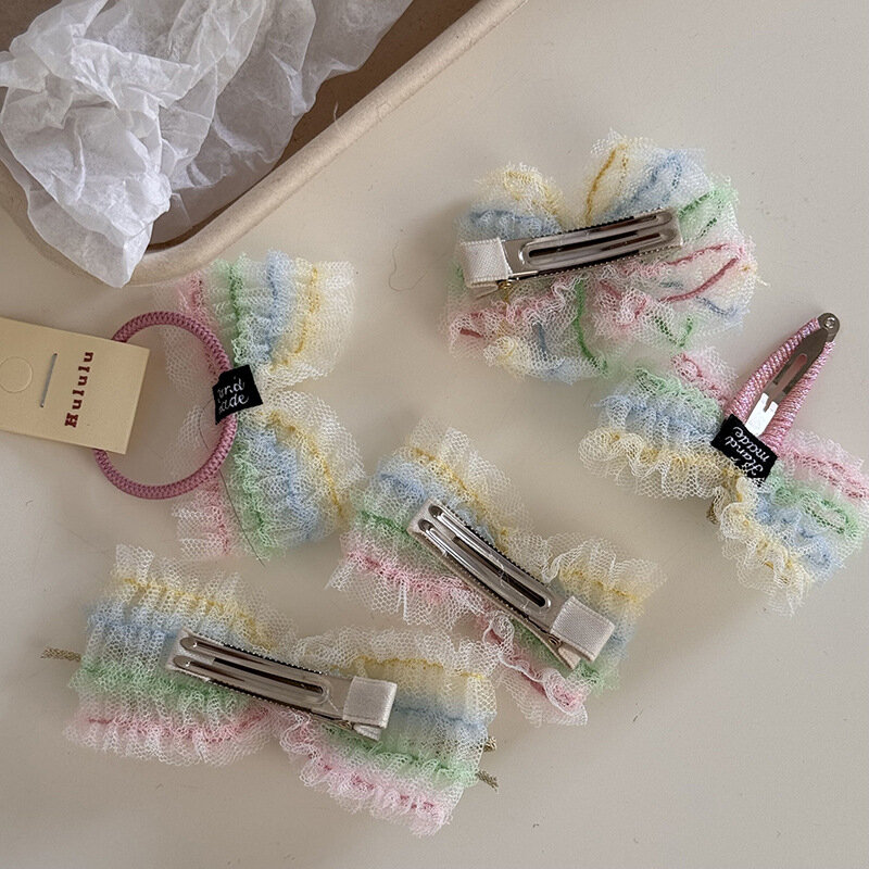 한국 스타일 용수철 신선한 레인보우 메쉬 활 머리핀, 아기 머리핀 사이드 클립, 덕빌 클립, 머리 장식, 헤어 액세서리