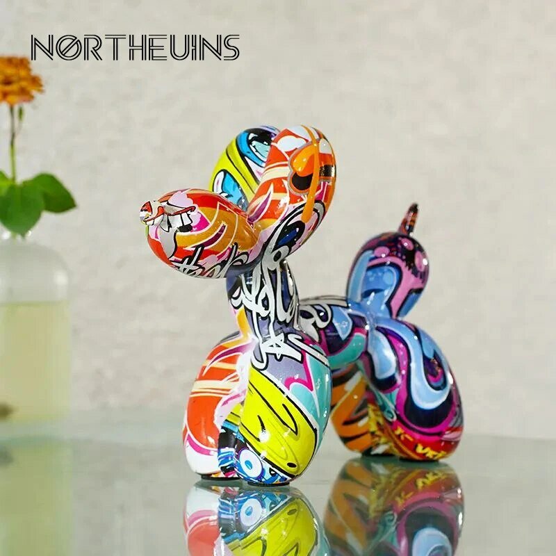 Patung anjing balon grafiti Resin, barang Dekorasi kerajinan patung hewan seni warna-warni untuk dekorasi Interior rumah