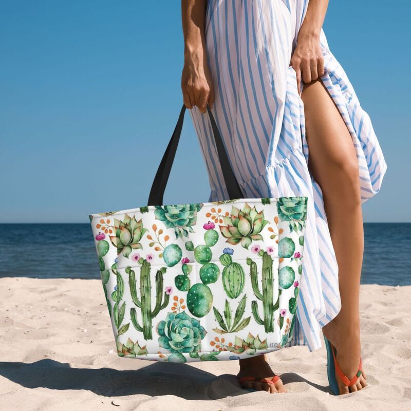 수채화 선인장 패턴 해변 여행 가방, 인기있는 성인 외출 생일 선물, 멀티 스타일 패턴 토트백