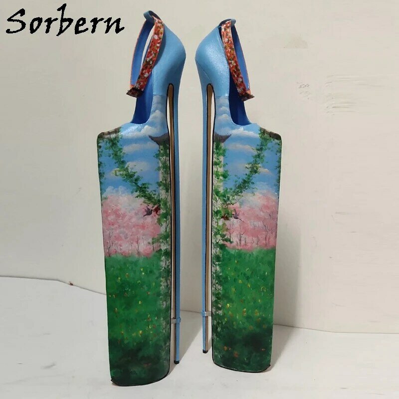 Sorbern 여성용 핸드 드로잉 꽃 펌프 신발, 얇은 하이힐, 여성 드래그 퀸 펌프 신발, 맞춤형 힐 높이 20-80cm, 65cm