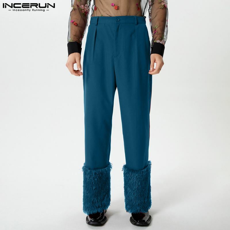 INCERUN Men Pants Plush Patchwork Button Loose Casual Straight Trousers Men Streetwear 2024 Personality Fashion Pantalon S-5XL