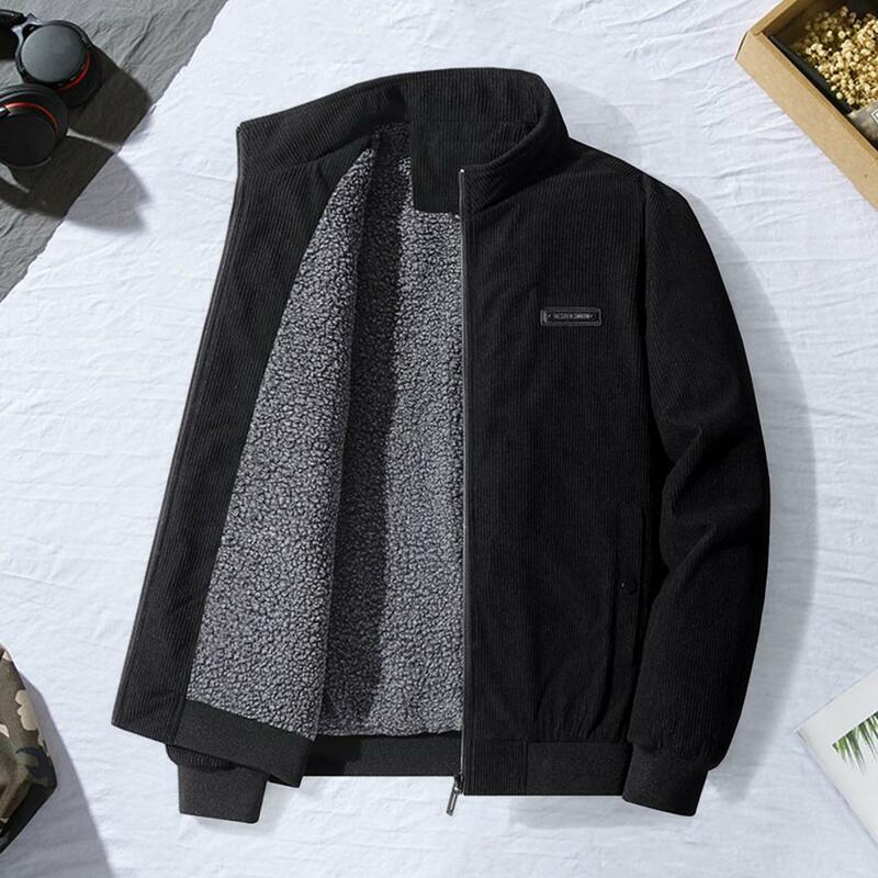 Men Cotton Jacket Winter Thick Plush Lining Warm Long Sleeves Stand Collar Zipper Pocket Casual Regular Fit Male Coat Outwear