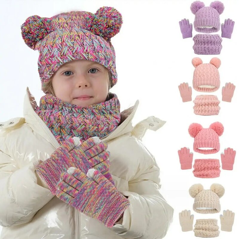 Boys Knitted Neck Gaiter Mittens Kids Winter Hat Gloves Scarf Set Knitted Thick Solid Color Elastic Soft Warm Dome for Children