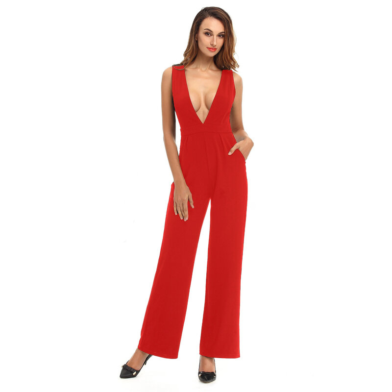 Spring summer European and American foreign trade new women's sexy V-neck sleeveless casual pants jumpsuit