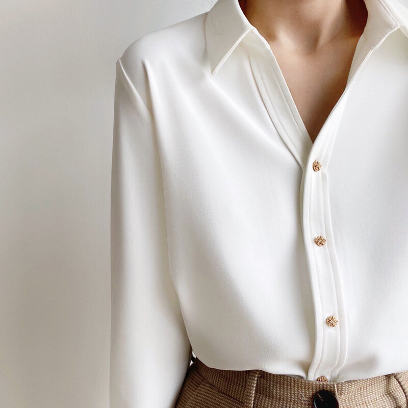 MRMT 2024 Brand New Women's Small V-neck White Shirt Women's Long Sleeve Retro Metal Button Design Shirt Trendy Women