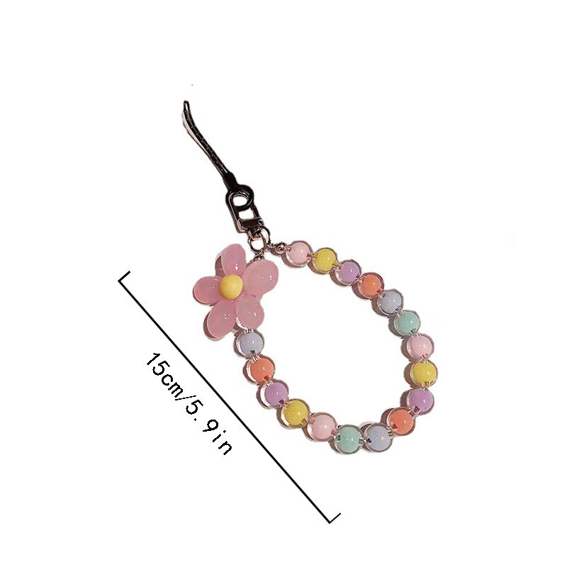 Anti-lost Flower Beads Lanyard para celular, correntes manuais, pingente chave bonito, pulseira, corda corda corda corda decoração, 6 cores doces