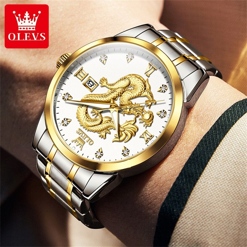 Olevs-メンズ3D彫刻されたドラゴンダイヤルデザインクォーツ時計,ステンレススチール,防水,高級メンズ腕時計,新しいファッション