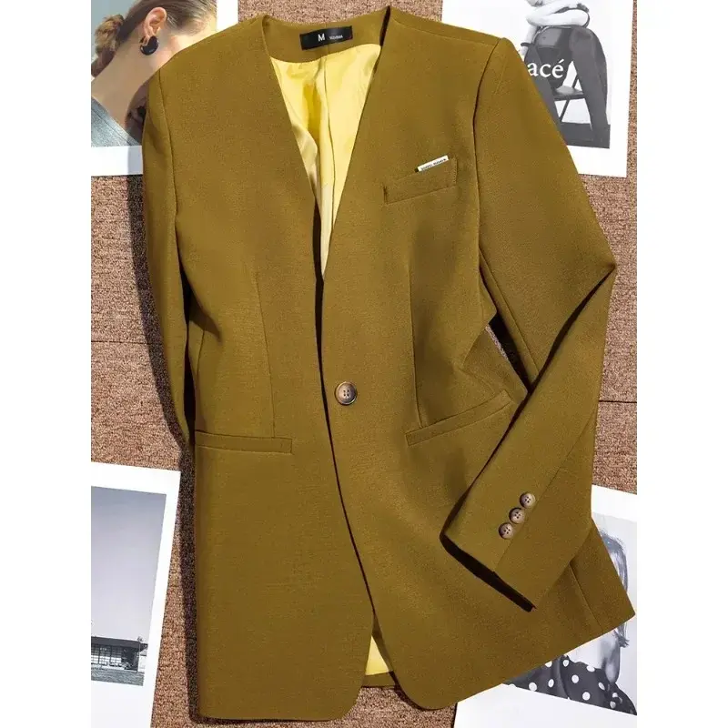 Blazer feminino de manga comprida com decote em v, senhoras do escritório, jaqueta feminina, rosa amarela, outono, inverno